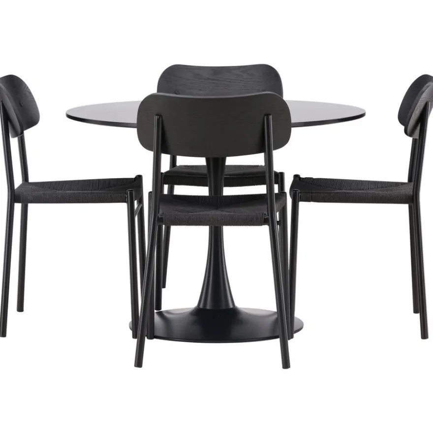 Ruokailuryhmä Venture Home, ⌀100cm musta Glade-pöytä + 4 mustaa Polly-tuolia