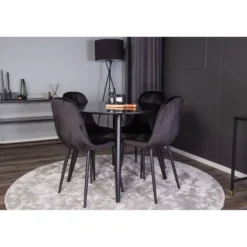 Ruokailuryhmä Venture Home, ⌀100cm musta Plaza-pöytä + 4 mustaa Polar Velvet -tuolia