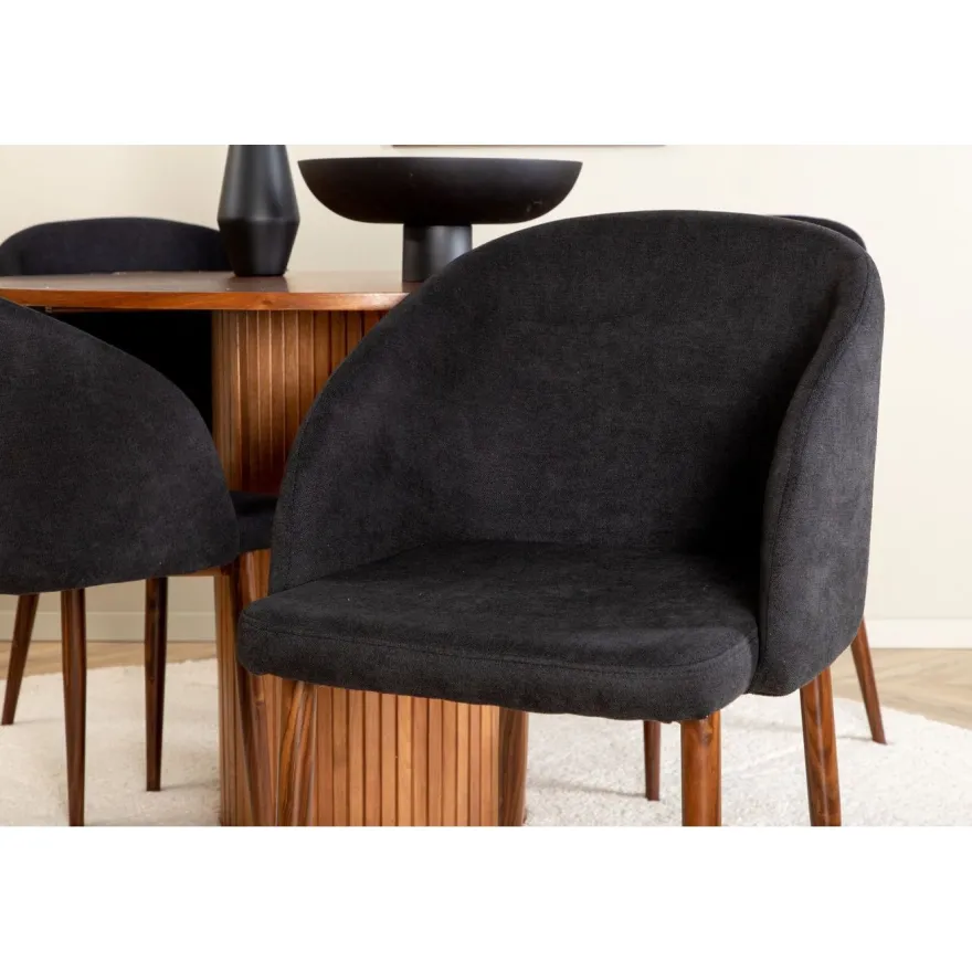 Ruokailuryhmä Venture Home, ⌀110cm ruskea Bianca-pöytä + 4 mustaa Arch-tuolia