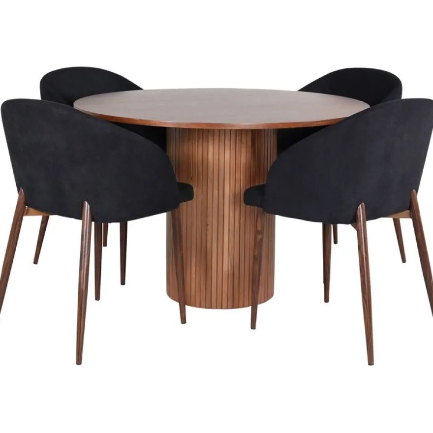 Ruokailuryhmä Venture Home, ⌀110cm ruskea Bianca-pöytä + 4 mustaa Arch-tuolia
