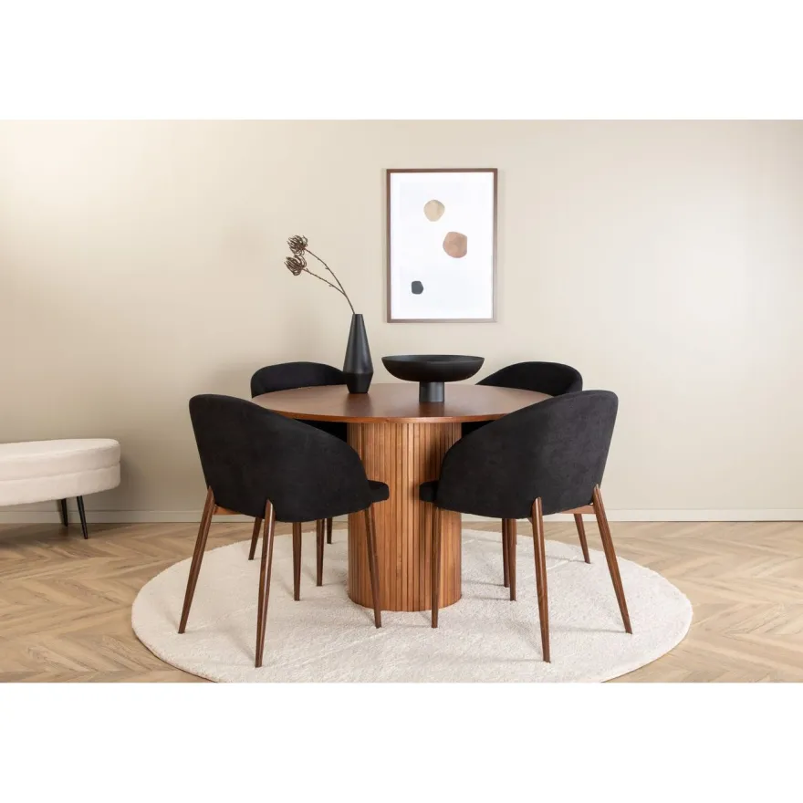 Ruokailuryhmä Venture Home, ⌀110cm ruskea Bianca-pöytä + 4 mustaa Arch-tuolia