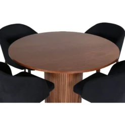 Ruokailuryhmä Venture Home, ⌀110cm ruskea Bianca-pöytä + 4 mustaa Arch-tuolia