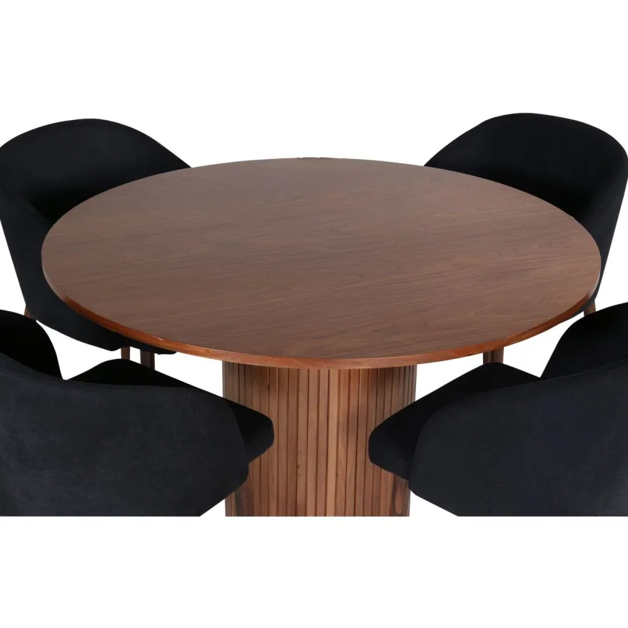 Ruokailuryhmä Venture Home, ⌀110cm ruskea Bianca-pöytä + 4 mustaa Arch-tuolia