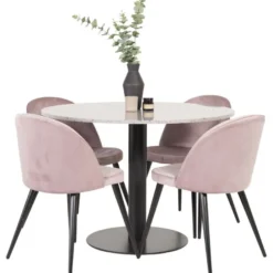 Ruokailuryhmä Venture Home, ø106cm Razzia-pöytä + 4 vaaleanpunaista Velvet-tuolia, sametti