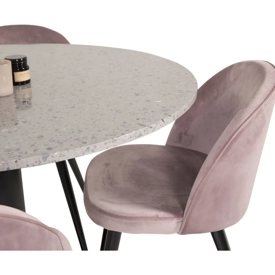 Ruokailuryhmä Venture Home, ø106cm Razzia-pöytä + 4 vaaleanpunaista Velvet-tuolia, sametti