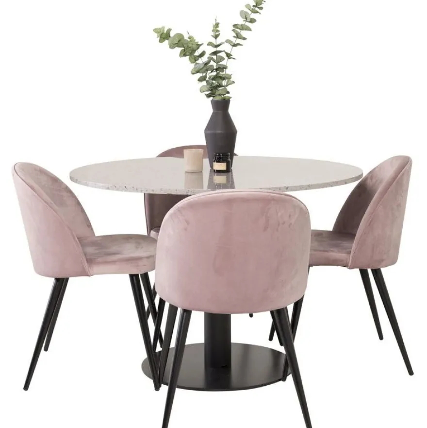 Ruokailuryhmä Venture Home, ø106cm Razzia-pöytä + 4 vaaleanpunaista Velvet-tuolia, sametti