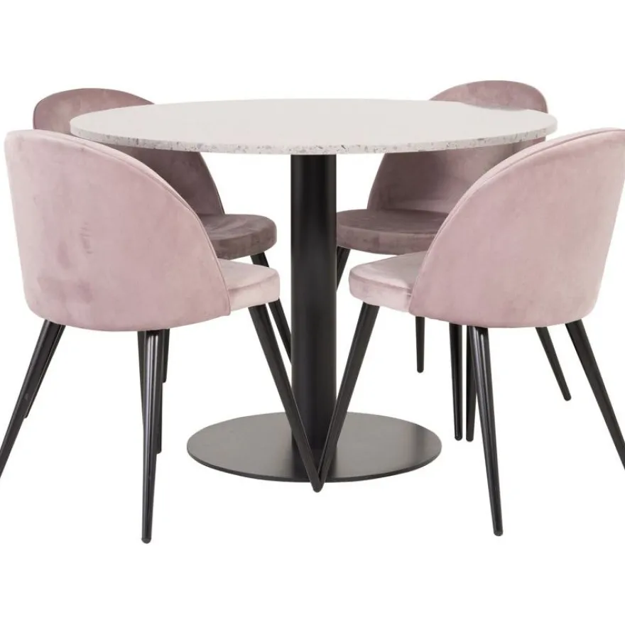 Ruokailuryhmä Venture Home, ø106cm Razzia-pöytä + 4 vaaleanpunaista Velvet-tuolia, sametti