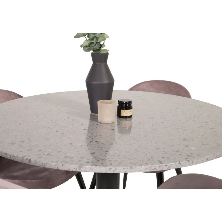 Ruokailuryhmä Venture Home, ø106cm Razzia-pöytä + 4 vaaleanpunaista Velvet-tuolia, sametti