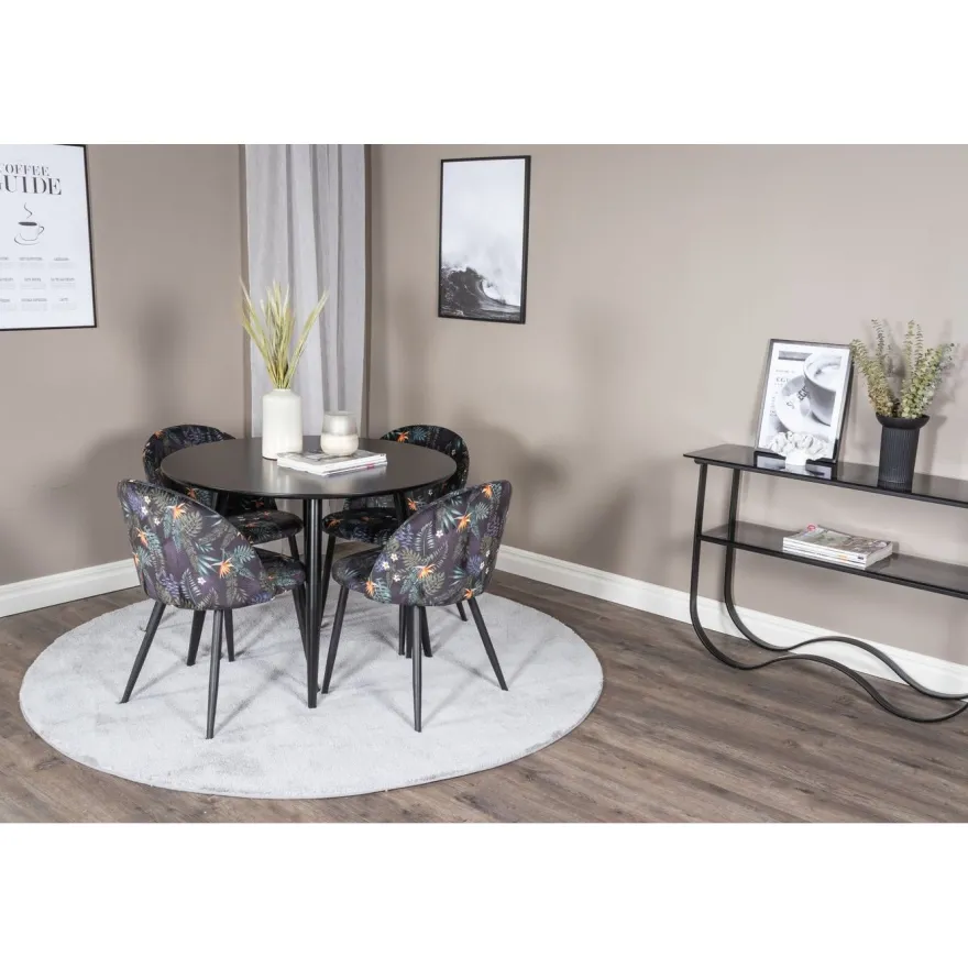 Ruokailuryhmä Venture Home, ⌀100cm musta Plaza-pöytä + 4 mustaa Velvet-tuolia kukkakuosilla