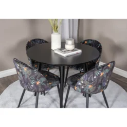 Ruokailuryhmä Venture Home, ⌀100cm musta Plaza-pöytä + 4 mustaa Velvet-tuolia kukkakuosilla