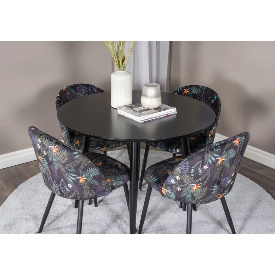 Ruokailuryhmä Venture Home, ⌀100cm musta Plaza-pöytä + 4 mustaa Velvet-tuolia kukkakuosilla