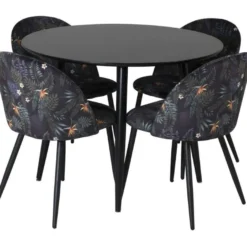 Ruokailuryhmä Venture Home, ⌀100cm musta Plaza-pöytä + 4 mustaa Velvet-tuolia kukkakuosilla