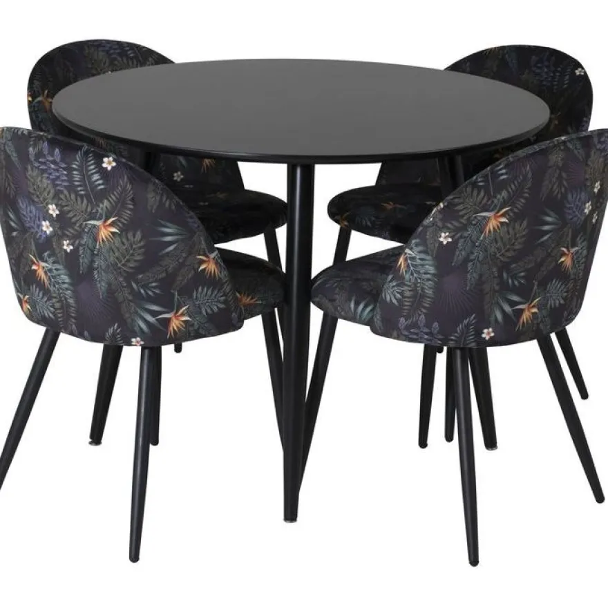 Ruokailuryhmä Venture Home, ⌀100cm musta Plaza-pöytä + 4 mustaa Velvet-tuolia kukkakuosilla