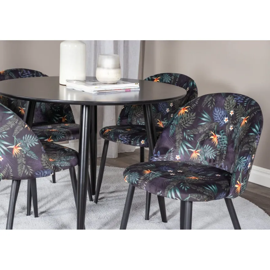 Ruokailuryhmä Venture Home, ⌀100cm musta Plaza-pöytä + 4 mustaa Velvet-tuolia kukkakuosilla