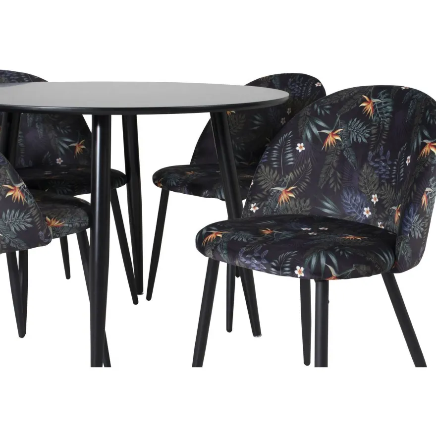 Ruokailuryhmä Venture Home, ⌀100cm musta Plaza-pöytä + 4 mustaa Velvet-tuolia kukkakuosilla