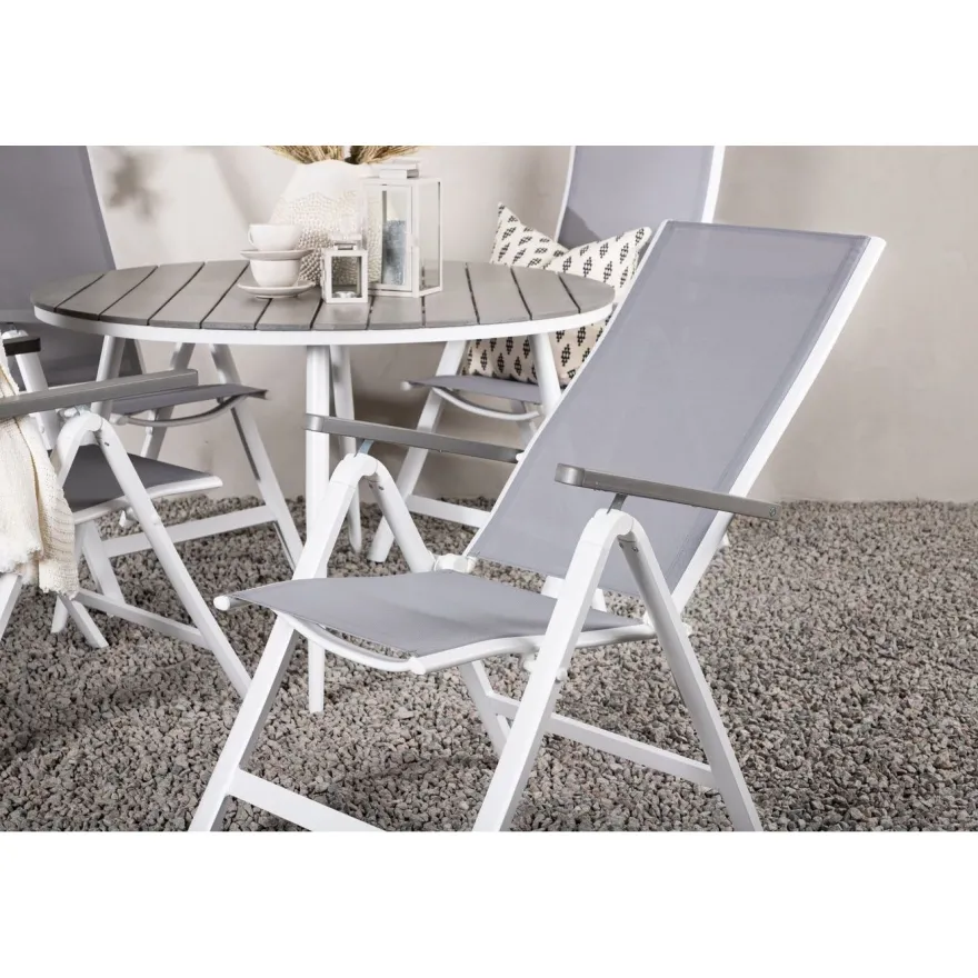 Ruokailuryhmä Venture Home, ø120cm harmaa/valkoinen Break-pöytä + 4 harmaa/valkoista Albany-säätötuolia