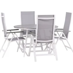 Ruokailuryhmä Venture Home, ø120cm harmaa/valkoinen Break-pöytä + 4 harmaa/valkoista Albany-säätötuolia