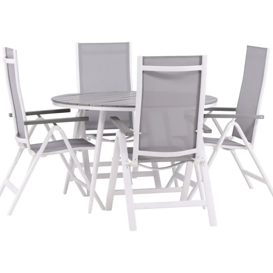 Ruokailuryhmä Venture Home, ø120cm harmaa/valkoinen Break-pöytä + 4 harmaa/valkoista Albany-säätötuolia