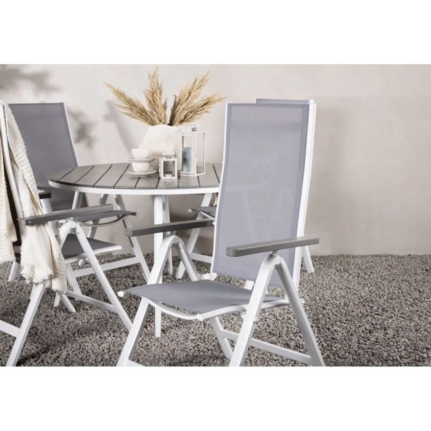 Ruokailuryhmä Venture Home, ø120cm harmaa/valkoinen Break-pöytä + 4 harmaa/valkoista Albany-säätötuolia