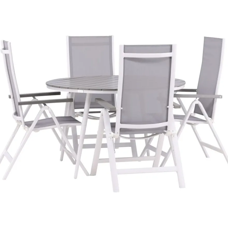 Ruokailuryhmä Venture Home, ø120cm harmaa/valkoinen Break-pöytä + 4 harmaa/valkoista Albany-säätötuolia