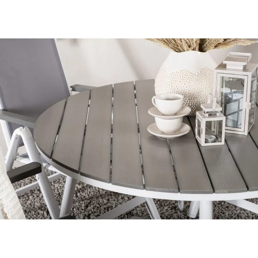 Ruokailuryhmä Venture Home, ø120cm harmaa/valkoinen Break-pöytä + 4 harmaa/valkoista Albany-säätötuolia