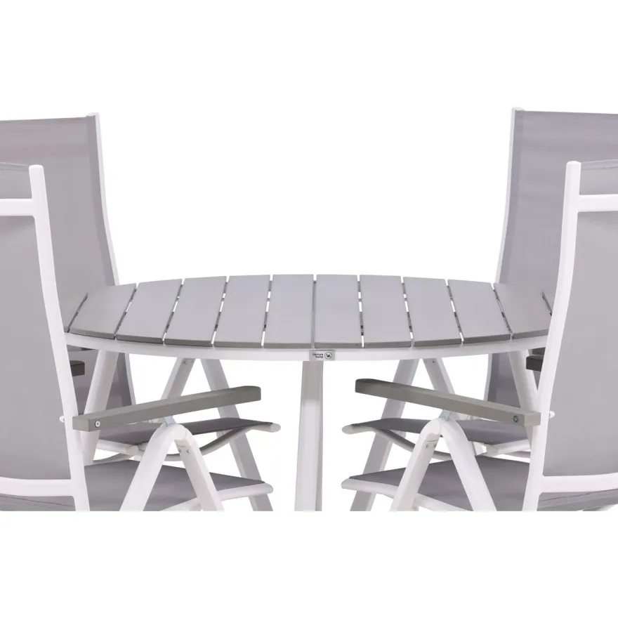 Ruokailuryhmä Venture Home, ø120cm harmaa/valkoinen Break-pöytä + 4 harmaa/valkoista Albany-säätötuolia