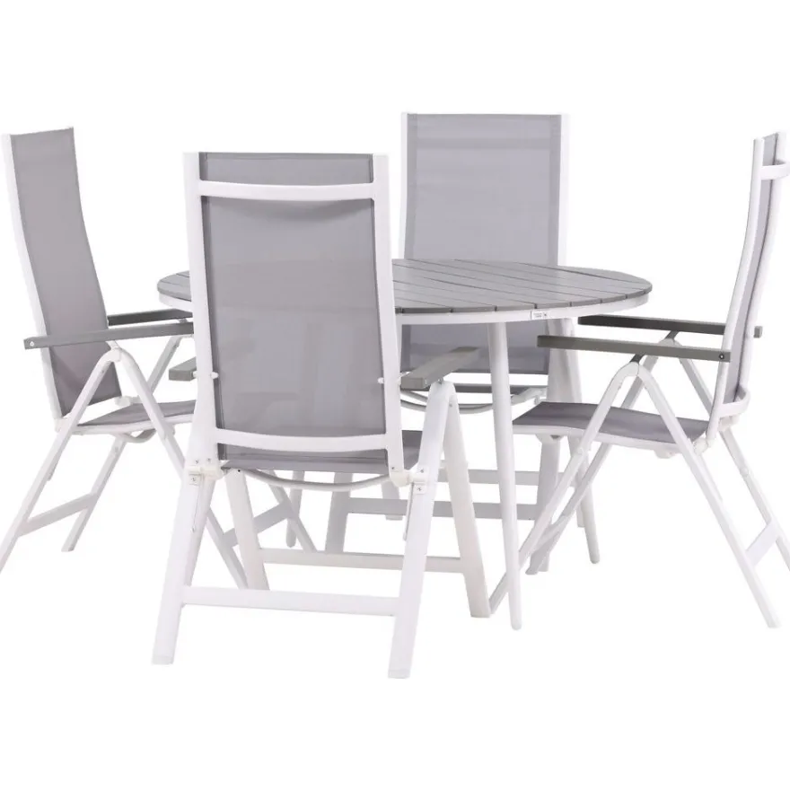 Ruokailuryhmä Venture Home, ø120cm harmaa/valkoinen Break-pöytä + 4 harmaa/valkoista Albany-säätötuolia