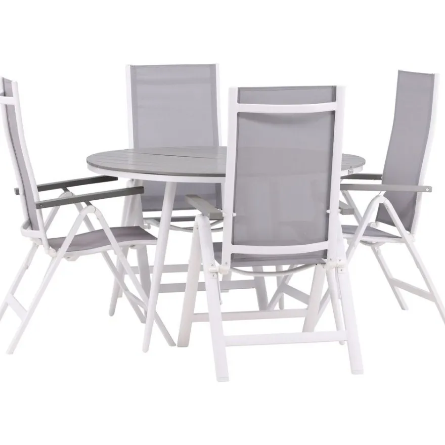 Ruokailuryhmä Venture Home, ø120cm harmaa/valkoinen Break-pöytä + 4 harmaa/valkoista Albany-säätötuolia