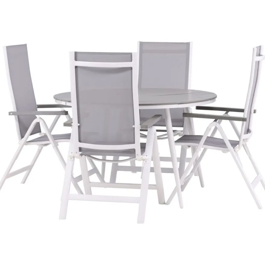 Ruokailuryhmä Venture Home, ø120cm harmaa/valkoinen Break-pöytä + 4 harmaa/valkoista Albany-säätötuolia