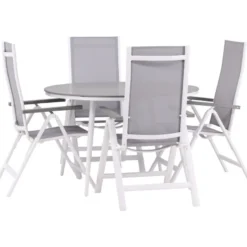Ruokailuryhmä Venture Home, ø120cm harmaa/valkoinen Break-pöytä + 4 harmaa/valkoista Albany-säätötuolia