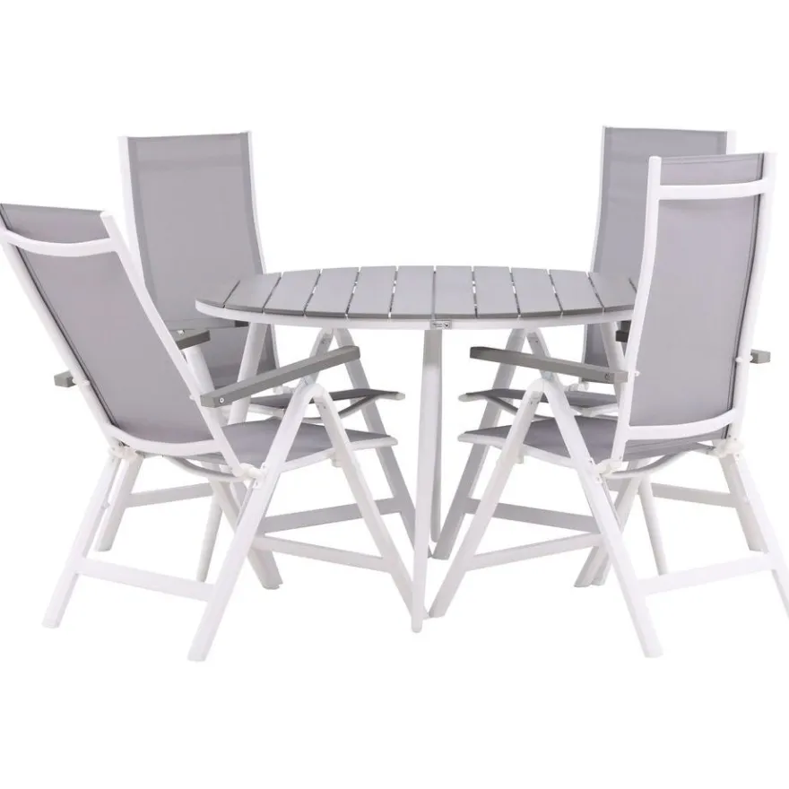 Ruokailuryhmä Venture Home, ø120cm harmaa/valkoinen Break-pöytä + 4 harmaa/valkoista Albany-säätötuolia