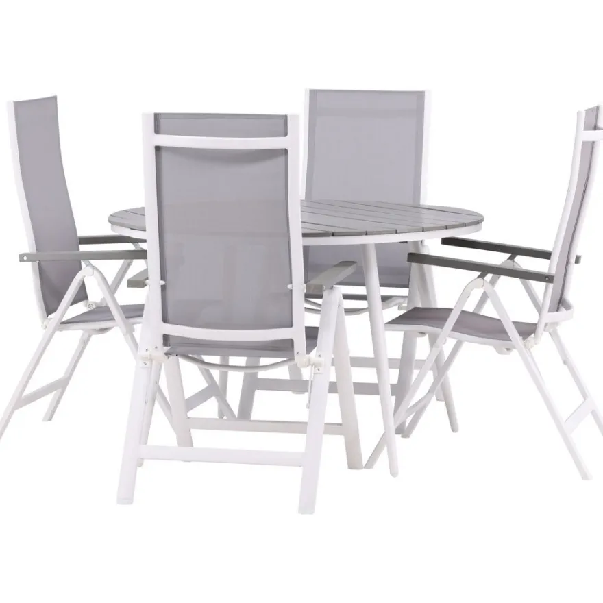 Ruokailuryhmä Venture Home, ø120cm harmaa/valkoinen Break-pöytä + 4 harmaa/valkoista Albany-säätötuolia