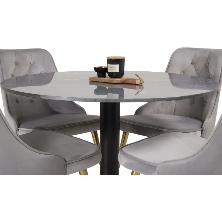 Ruokailuryhmä Venture Home, ⌀106cm musta Estelle-pöytä + 4 Velvet Deluxe -tuolia, sametti