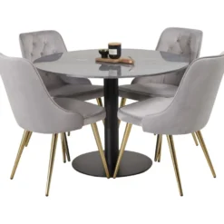 Ruokailuryhmä Venture Home, ⌀106cm musta Estelle-pöytä + 4 Velvet Deluxe -tuolia, sametti