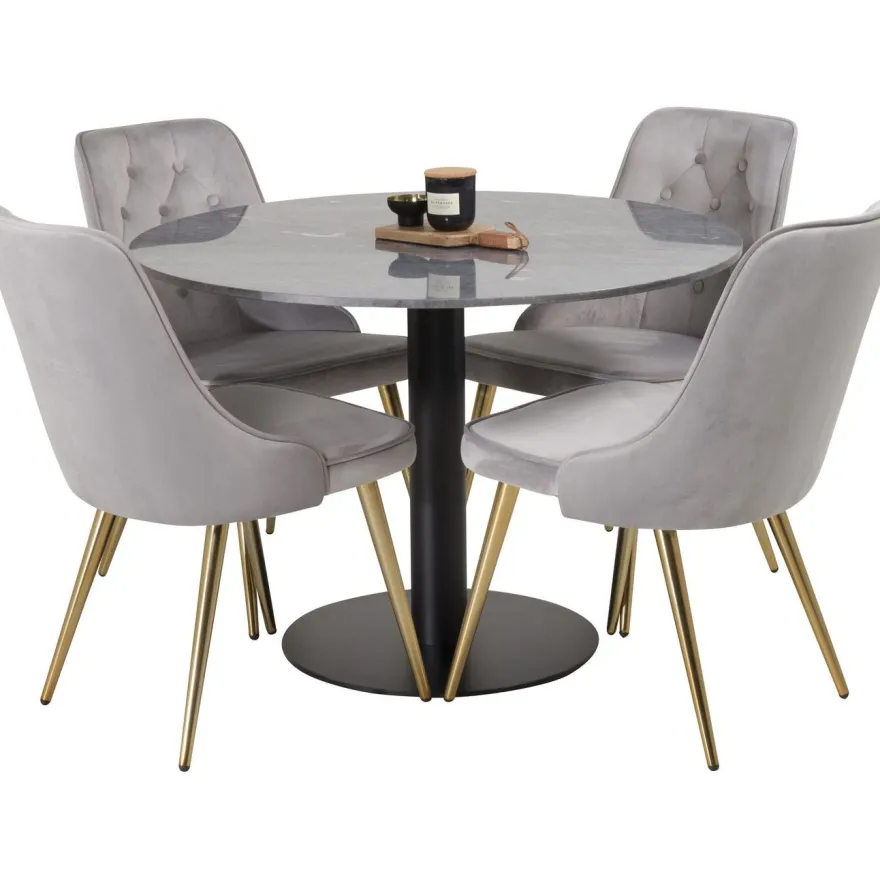 Ruokailuryhmä Venture Home, ⌀106cm musta Estelle-pöytä + 4 Velvet Deluxe -tuolia, sametti