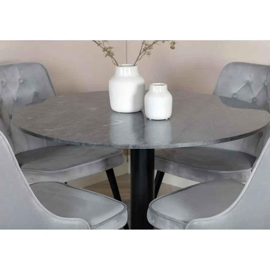 Ruokailuryhmä Venture Home, ⌀106cm musta Estelle-pöytä + 4 Velvet Deluxe -tuolia, sametti