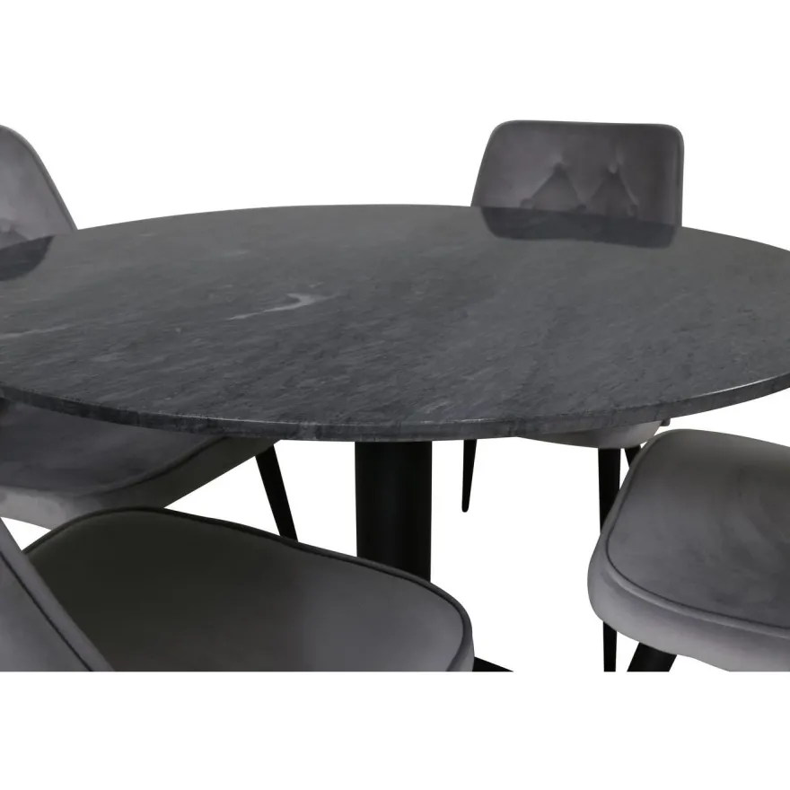 Ruokailuryhmä Venture Home, ⌀106cm musta Estelle-pöytä + 4 Velvet Deluxe -tuolia, sametti
