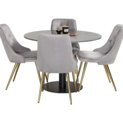 Ruokailuryhmä Venture Home, ⌀106cm musta Estelle-pöytä + 4 Velvet Deluxe -tuolia, sametti