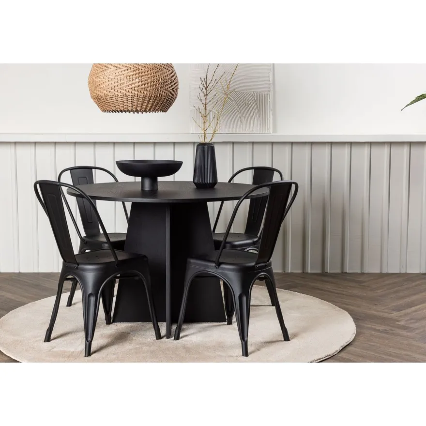 Ruokailuryhmä Venture Home, ⌀110cm musta Bootcut-pöytä + 4 Tempe-tuolia