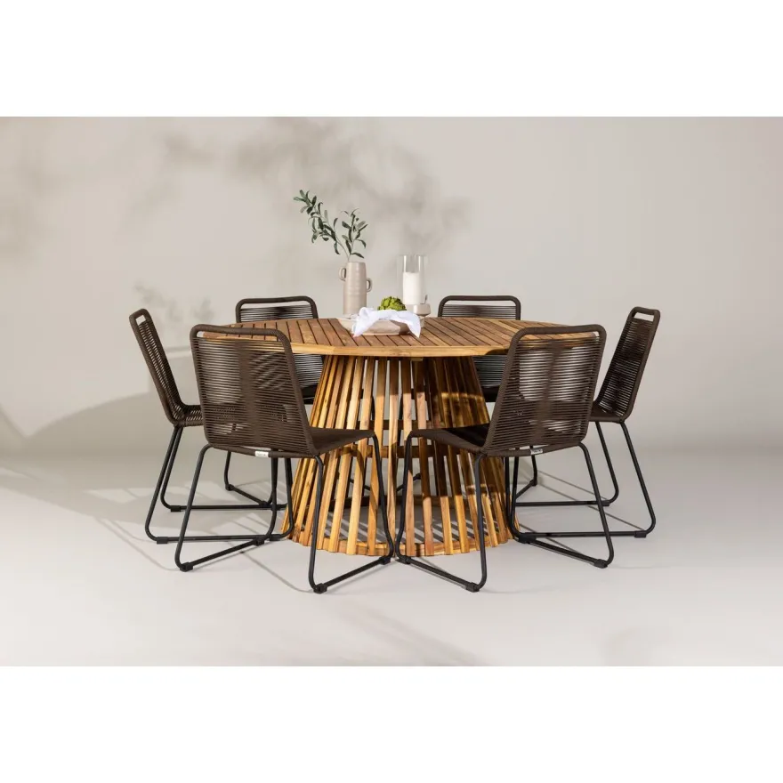 Ruokailuryhmä Venture Home, ø150cm Tucumán-pöytä + 6 pinottavaa Lindos-tuolia