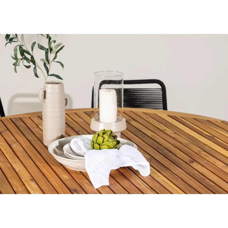 Ruokailuryhmä Venture Home, ø150cm Tucumán-pöytä + 6 pinottavaa Lindos-tuolia