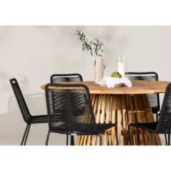 Ruokailuryhmä Venture Home, ø150cm Tucumán-pöytä + 6 pinottavaa Lindos-tuolia