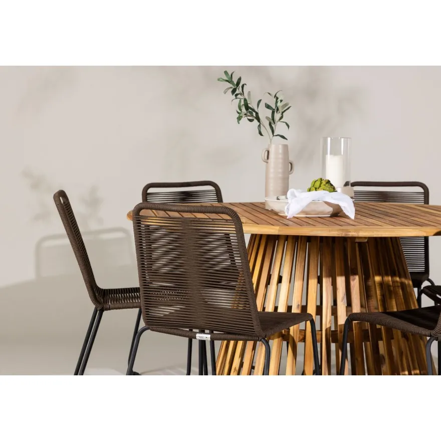 Ruokailuryhmä Venture Home, ø150cm Tucumán-pöytä + 6 pinottavaa Lindos-tuolia