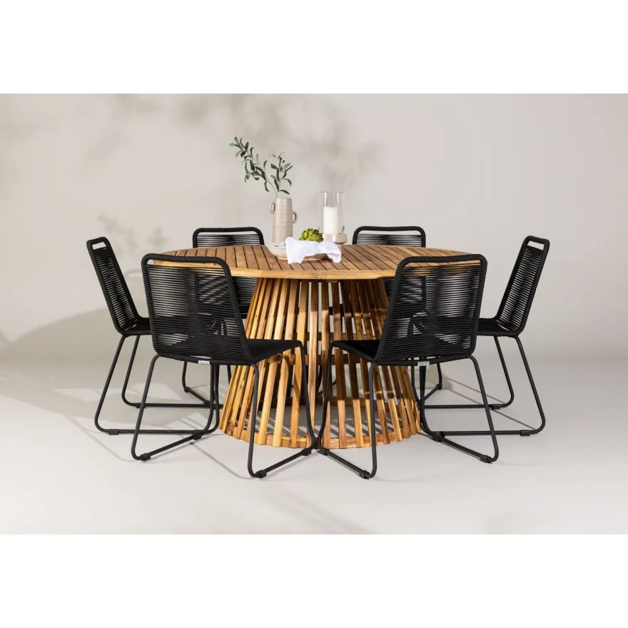 Ruokailuryhmä Venture Home, ø150cm Tucumán-pöytä + 6 pinottavaa Lindos-tuolia