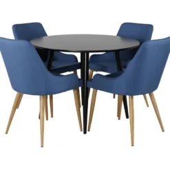 Ruokailuryhmä Venture Home, ⌀100cm musta Plaza-pöytä + 4 sinistä Plaza-tuolia