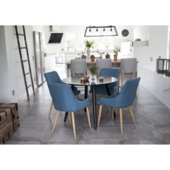 Ruokailuryhmä Venture Home, ⌀100cm musta Plaza-pöytä + 4 sinistä Plaza-tuolia
