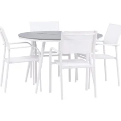 Ruokailuryhmä Venture Home, ø120cm harmaa/valkoinen Break-pöytä + 4 valkoista, pinottavaa Santorini-tuolia