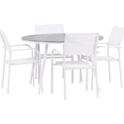Ruokailuryhmä Venture Home, ø120cm harmaa/valkoinen Break-pöytä + 4 valkoista, pinottavaa Santorini-tuolia