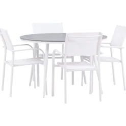 Ruokailuryhmä Venture Home, ø120cm harmaa/valkoinen Break-pöytä + 4 valkoista, pinottavaa Santorini-tuolia
