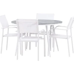 Ruokailuryhmä Venture Home, ø120cm harmaa/valkoinen Break-pöytä + 4 valkoista, pinottavaa Santorini-tuolia